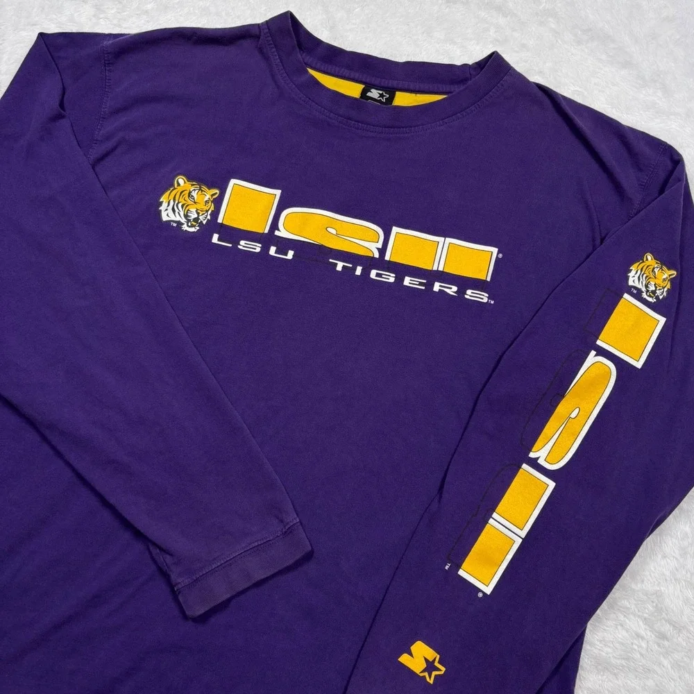 VTG 90s Starter LSU Tigers Long Sleeve T-Shirt Men XL Purple Spellout Fan Alumni